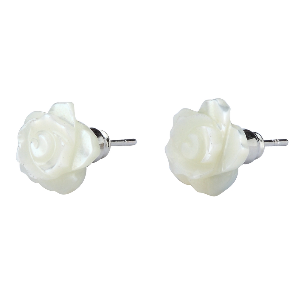 Stud earring mother of pearl hand carved flower white