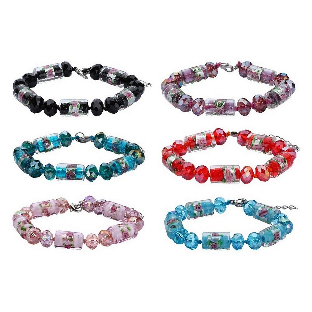 Bracelet crystal glass silver lined beads with floral designs 17cm + 5cm assorted colours