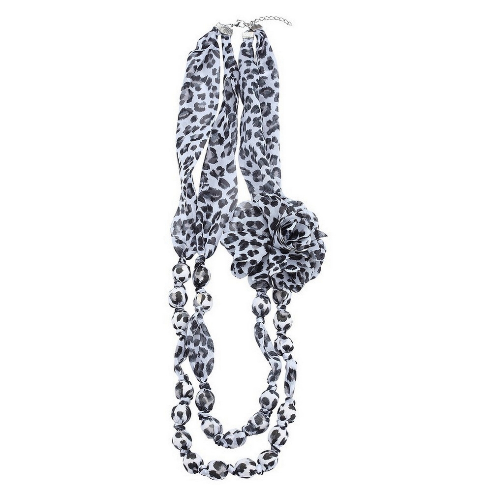 Bead string necklace chiffon 90cm leopard print bead with flower black
