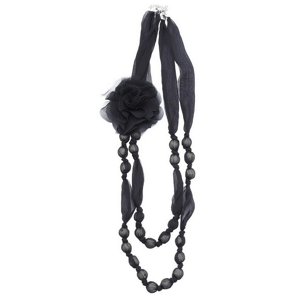 Bead string necklace chiffon animal print captured beads and flower detail 90cm black & white