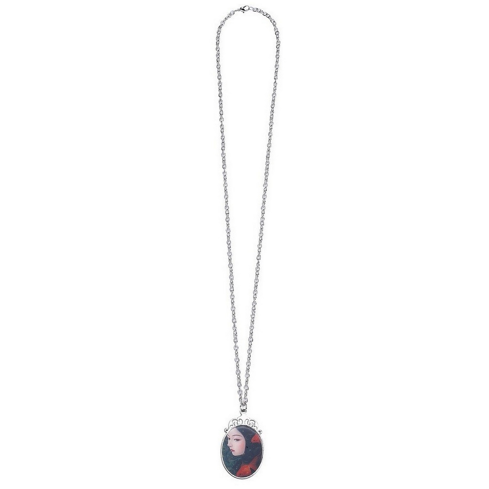 Necklace with a pendant meloncholy girl with goldfish detail 70cm silver plate and multicolured