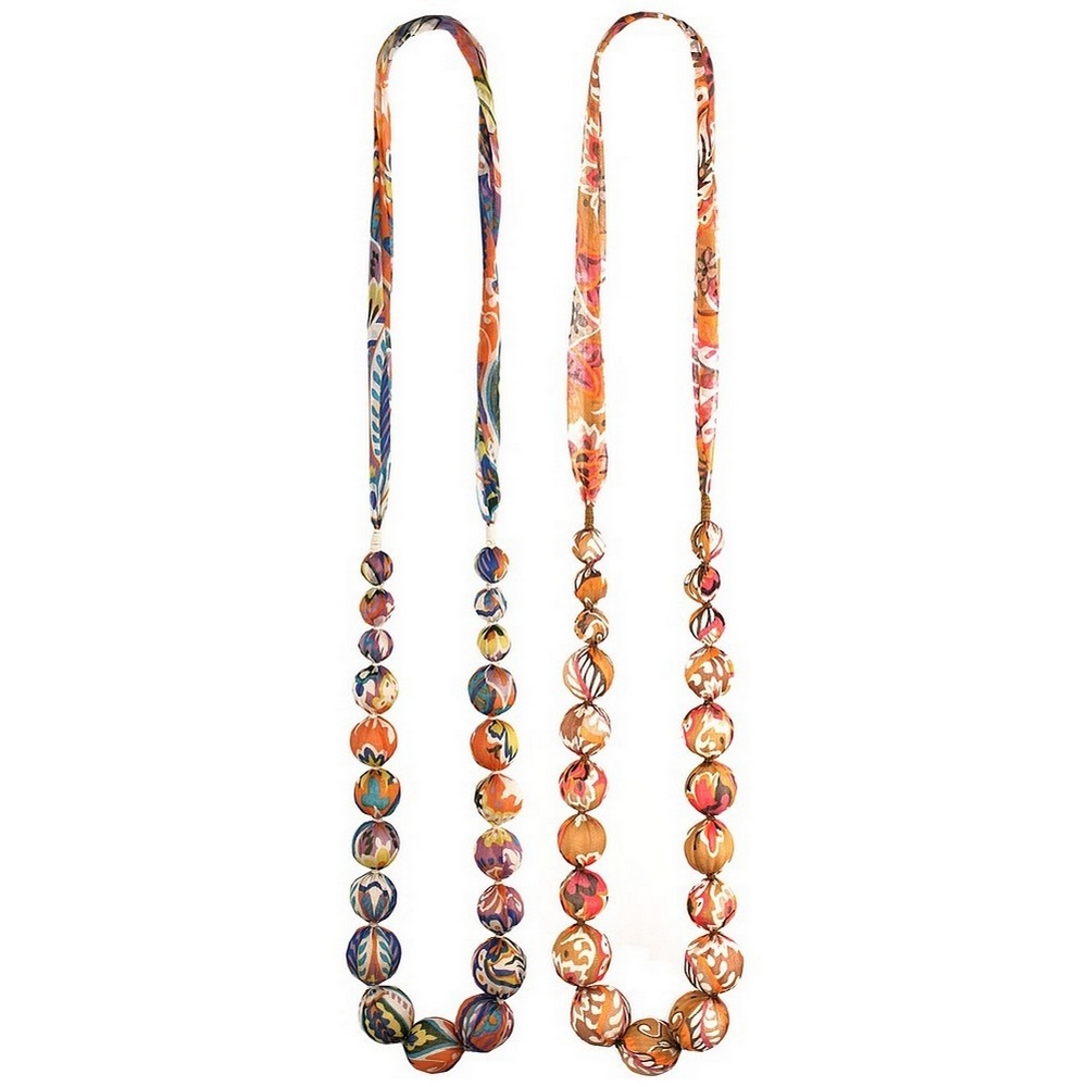 Bead string necklace silk 100cm graduated beads in batik print