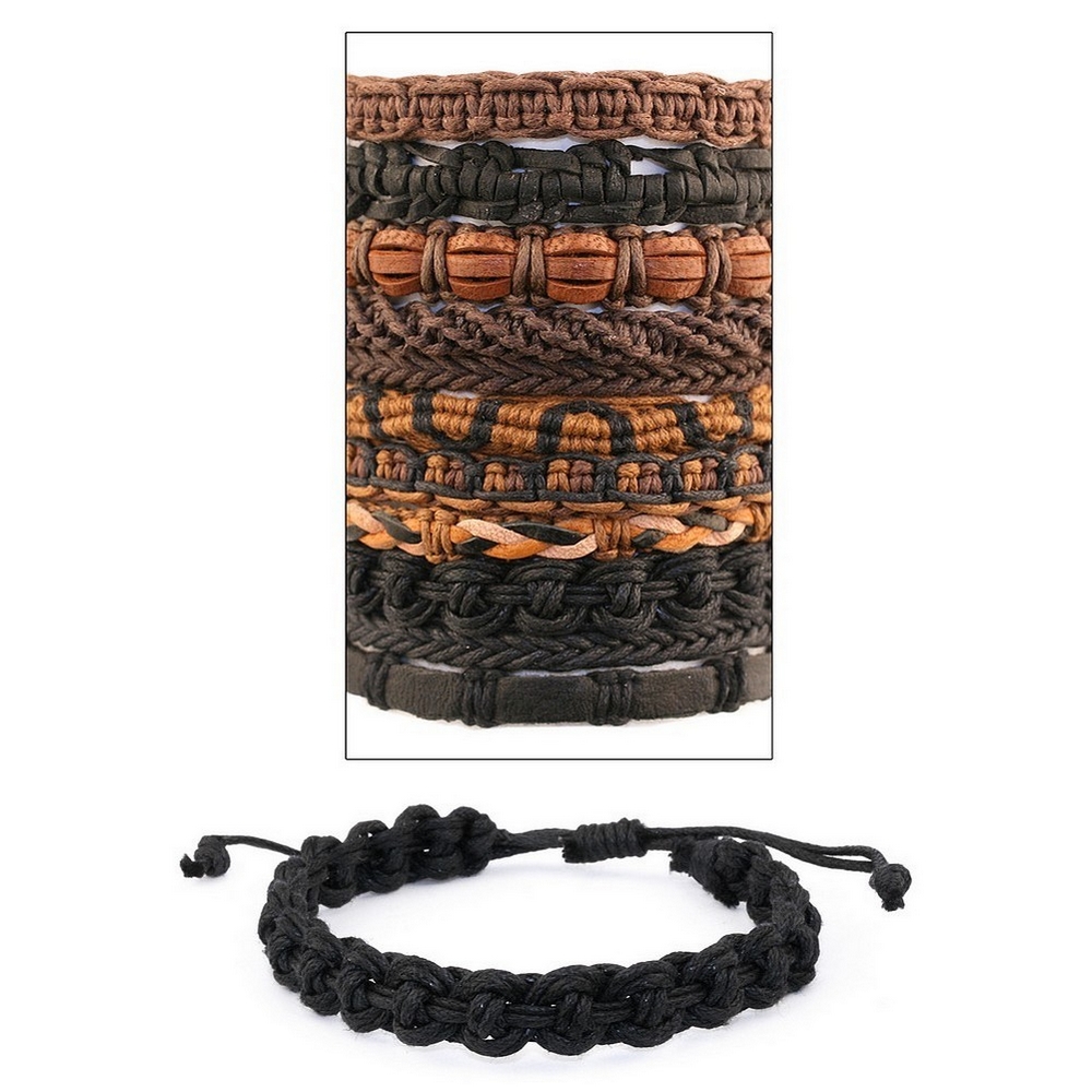 Bracelet leather & cord assorted handwoven bands black & brown