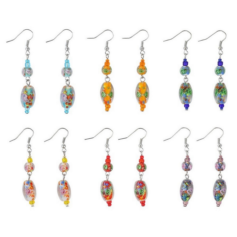 Drop earring glass & bead round & oval with flower detail