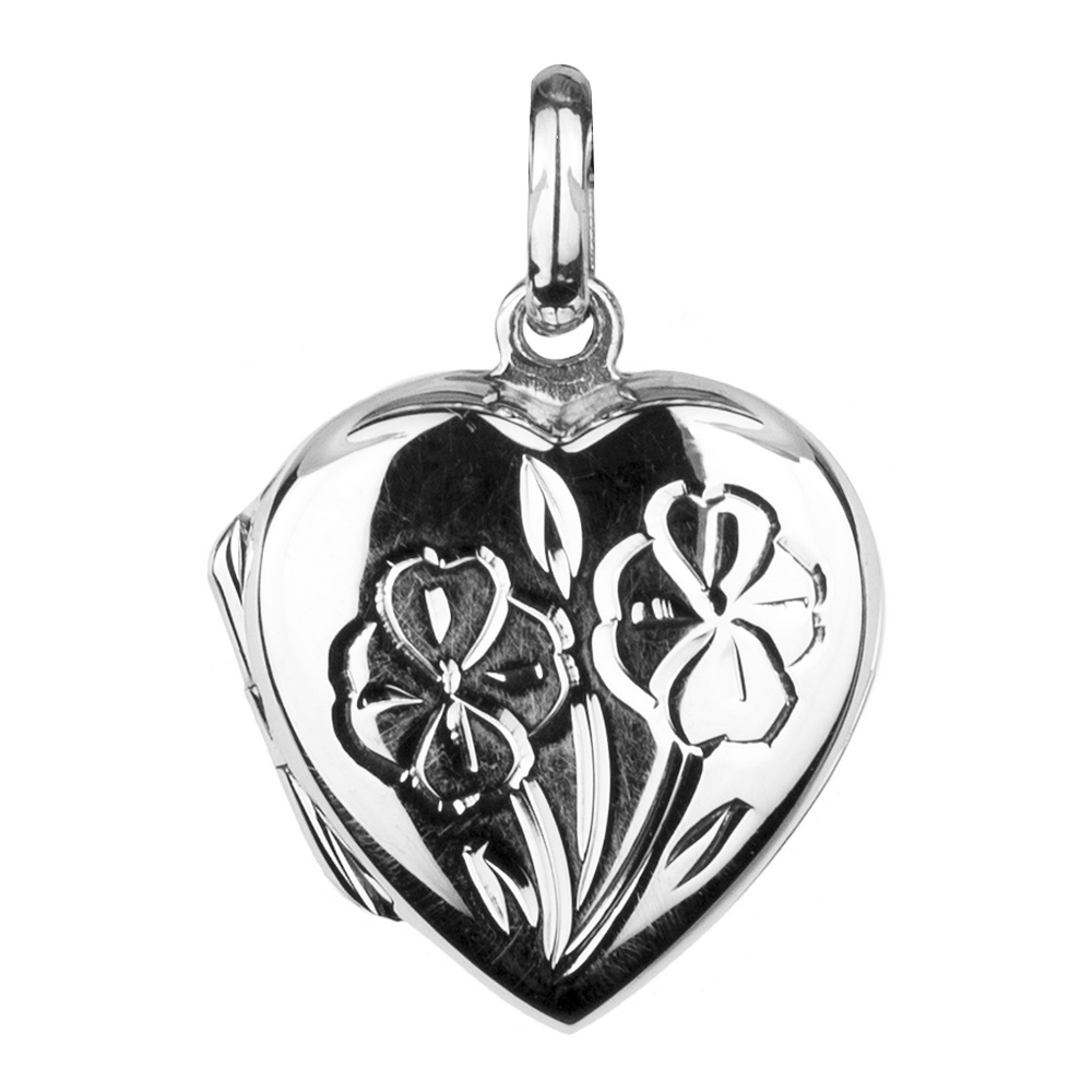 Pendant 925 silver heart locket engraved flowers 15mm (no chain)