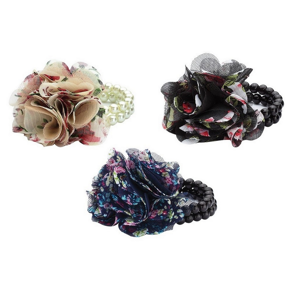 Bracelet chiffon & glass pearl flower on 2 rows of glass beads