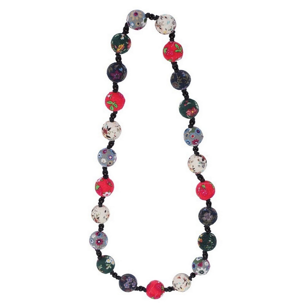 Bead string necklace fabric & glass beads with flower design 80cm