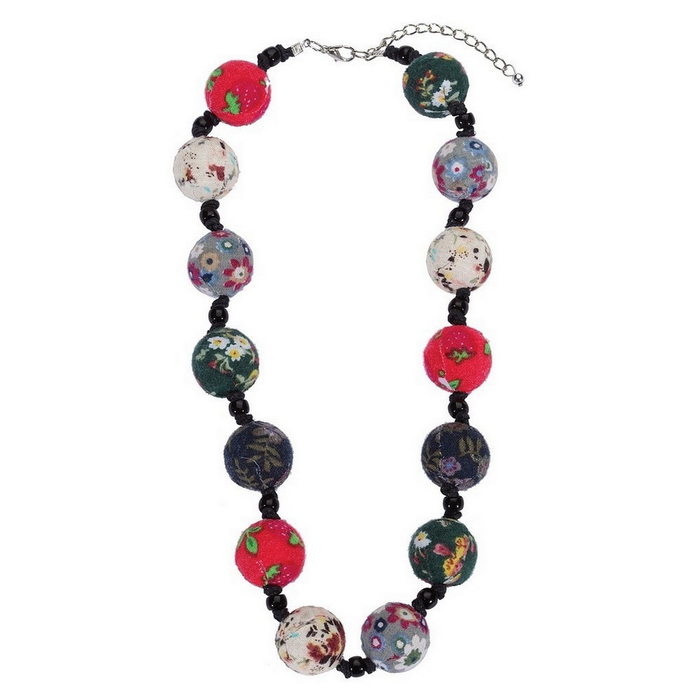 Bead string necklace fabric & glass beads with flower design 50cm