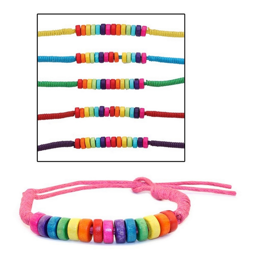 Bracelet wood & cord rainbow beads