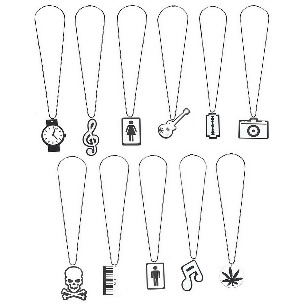 Necklace with a pendant acrylic assorted design fobs 44x68mm with 70 cm chain black & white