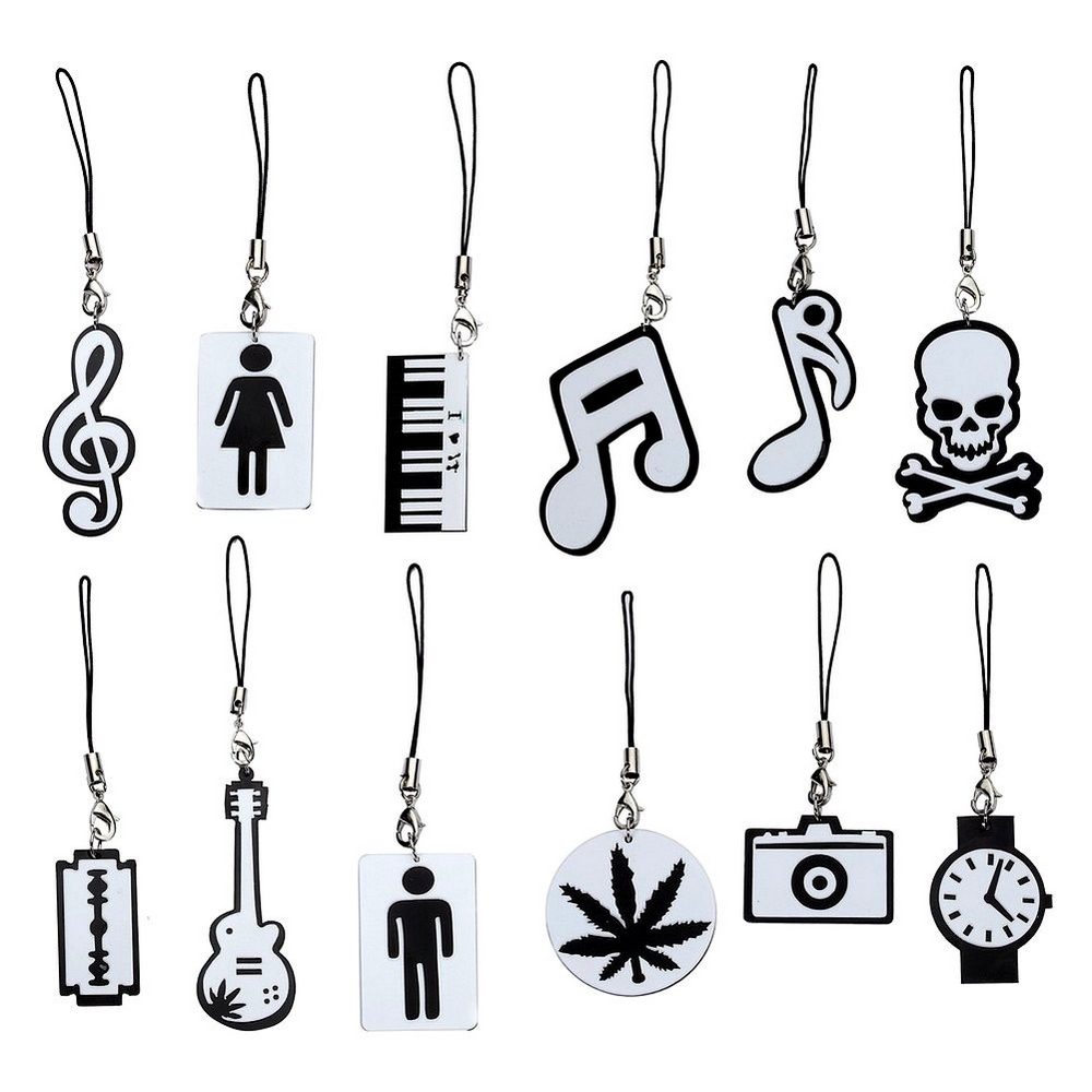Keyring acrylic assorted design fobs 29x40mm black & white
