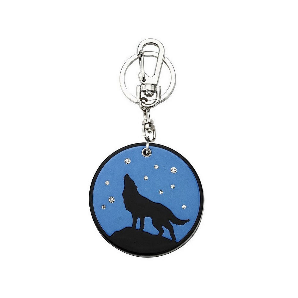 Keyring acrylic & crystal glass midnight howling wolf compact mirror blue