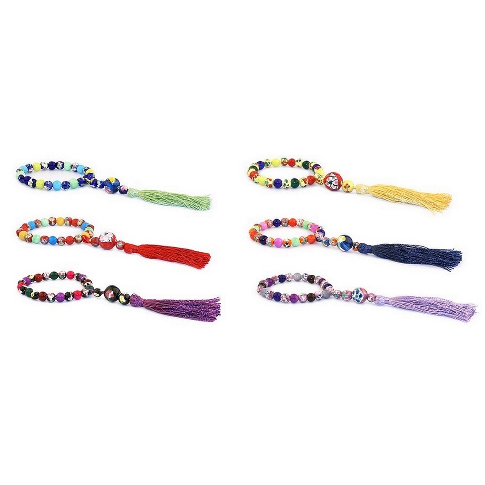 Bracelet ceramic & fabric oriental tea garden flower beads with tassel
