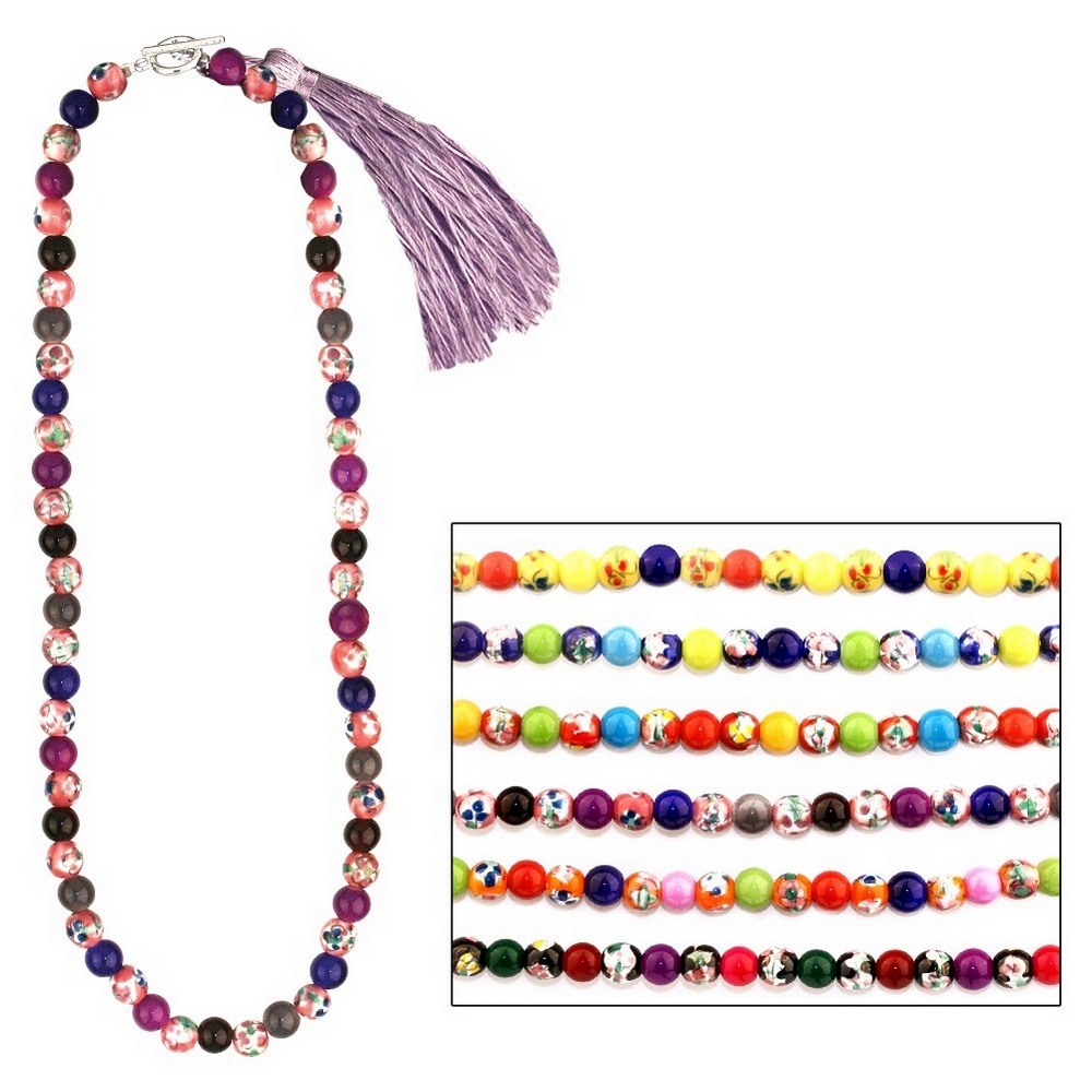 Bead string necklace ceramic & fabric oriental tea garden flower beads with tassel 45 cm