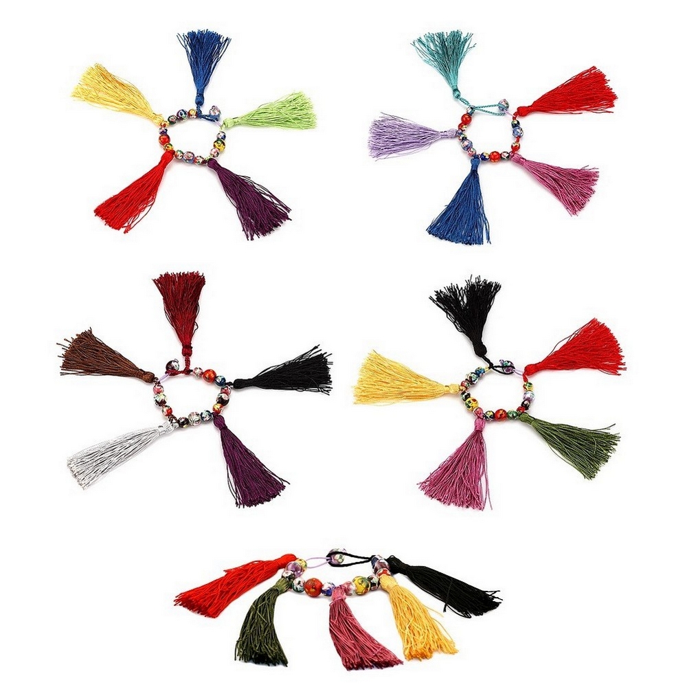 Bracelet ceramic & fabric oriental tea garden flower beads with 5 tassels