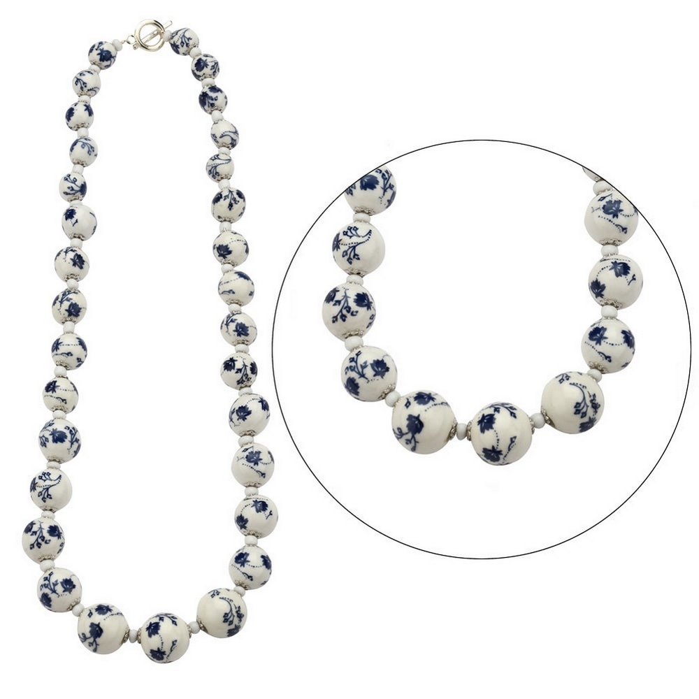 Bead string necklace ceramic & glass tea garden graduated bead blue & white