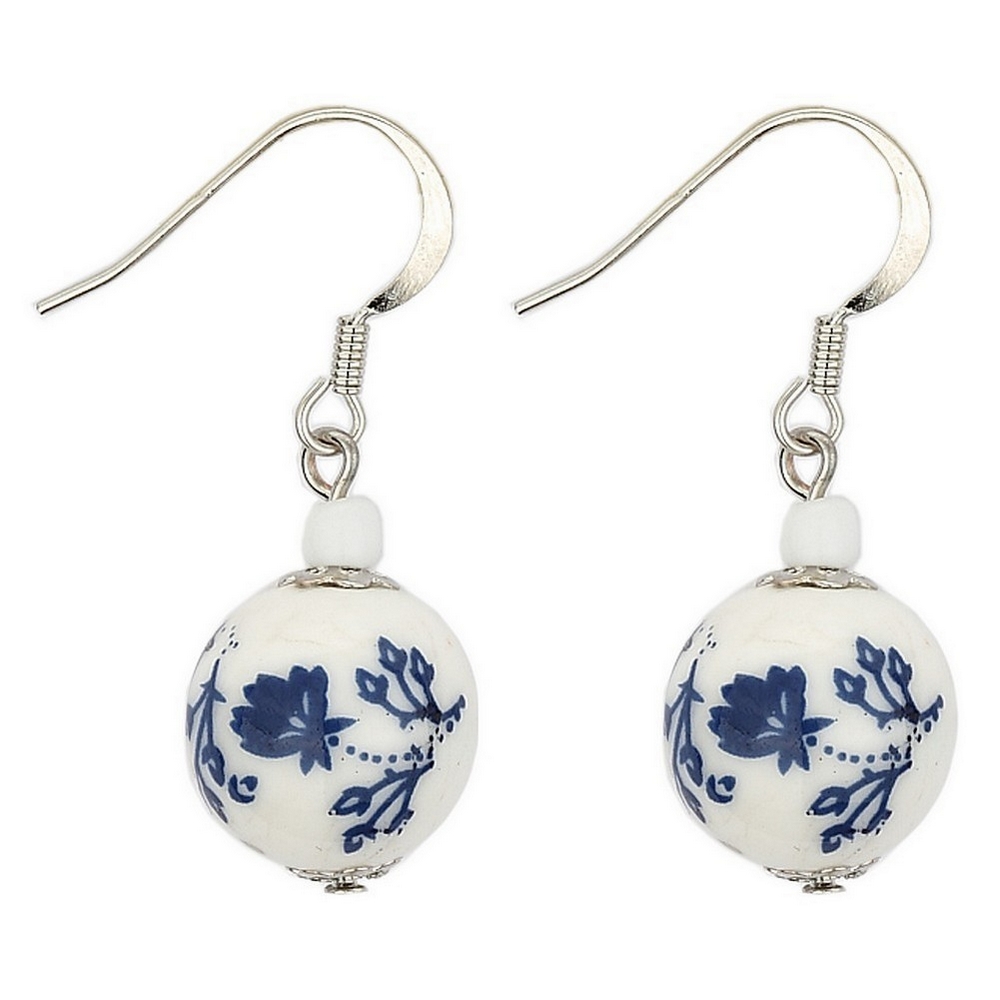 Drop earring ceramic & glass tea garden bead blue & white