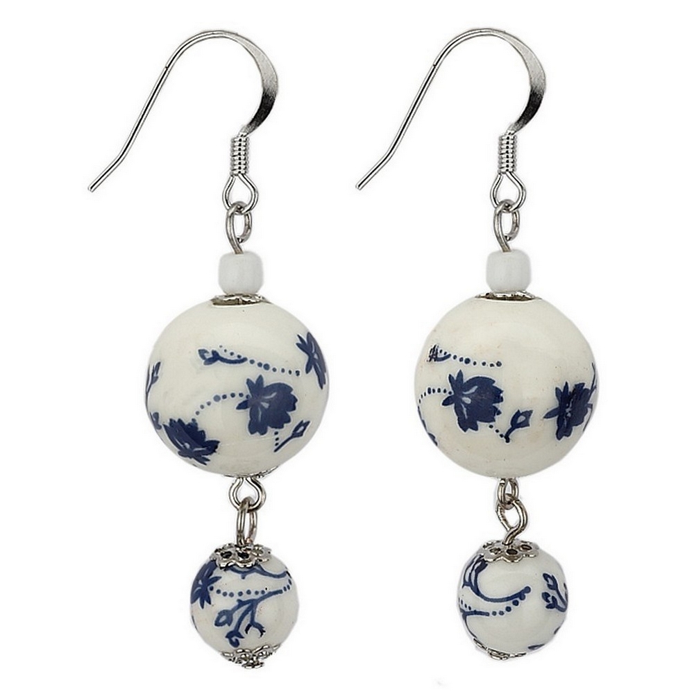 Drop earring ceramic & glass tea garden graduated beads blue & white