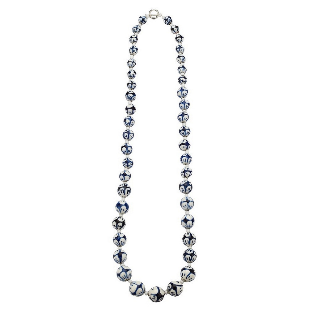 Bead string necklace ceramic & glass tea garden graduated beads blue & white