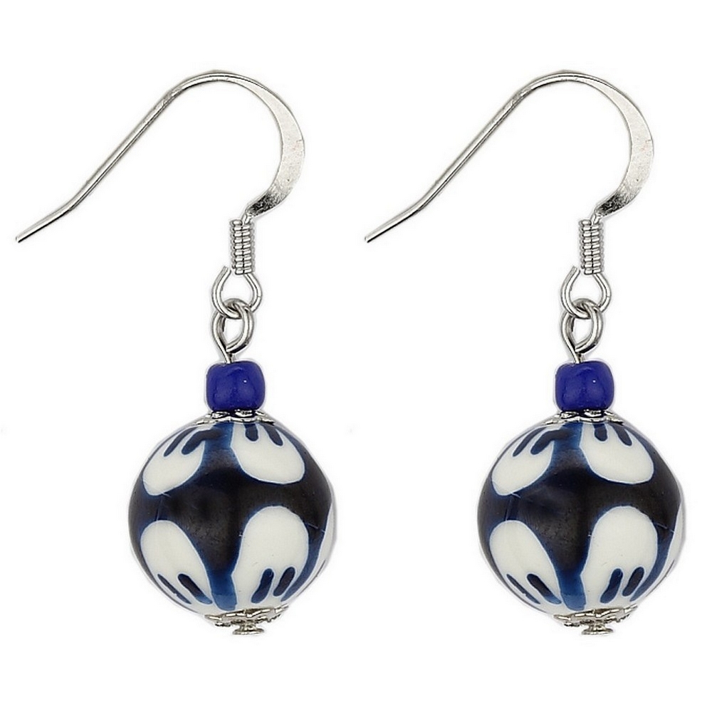 Drop earring ceramic & glass tea garden beads blue & white