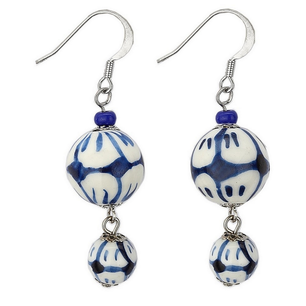 Drop earring ceramic & glass tea garden beads blue & white