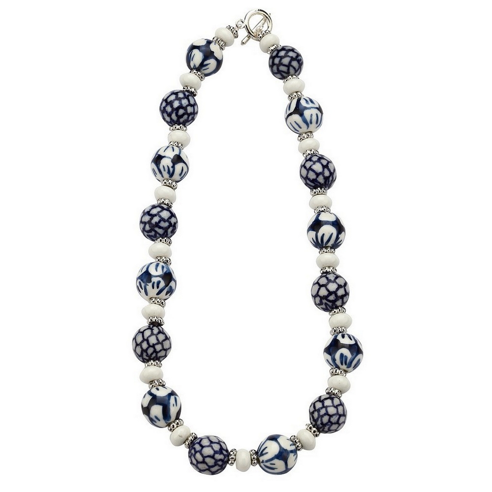 Bead string necklace ceramic tea garden beads blue & white