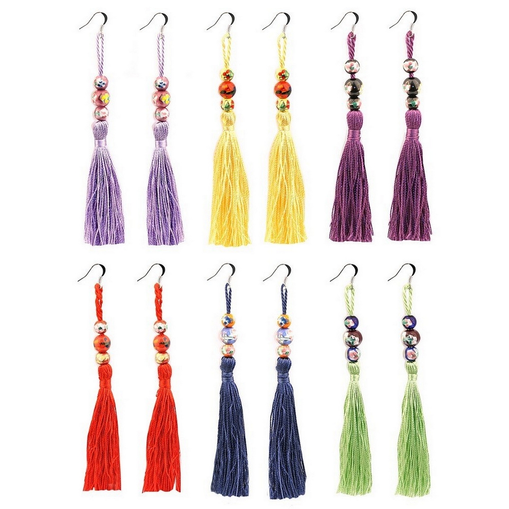 Drop earring ceramic graduated oriental tea garden flower bead & tassel
