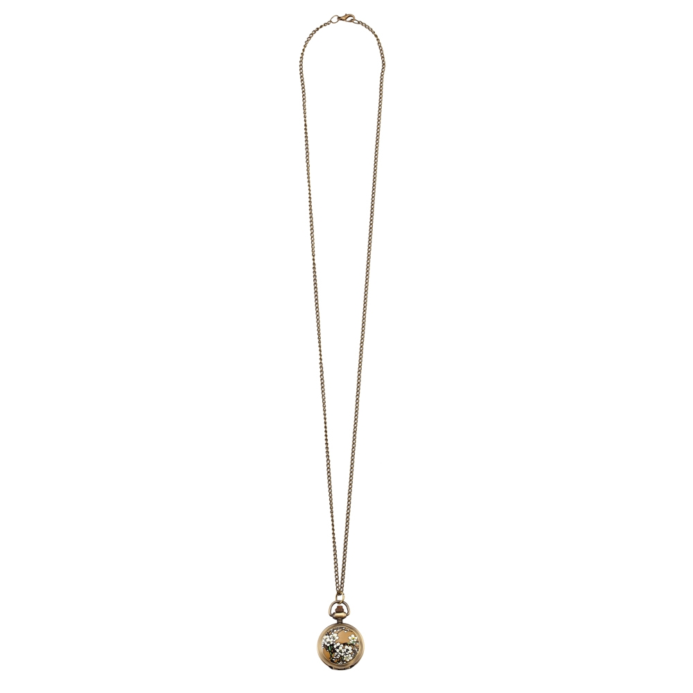 Necklace with a pendant glass white flower clock with antique bronze finish