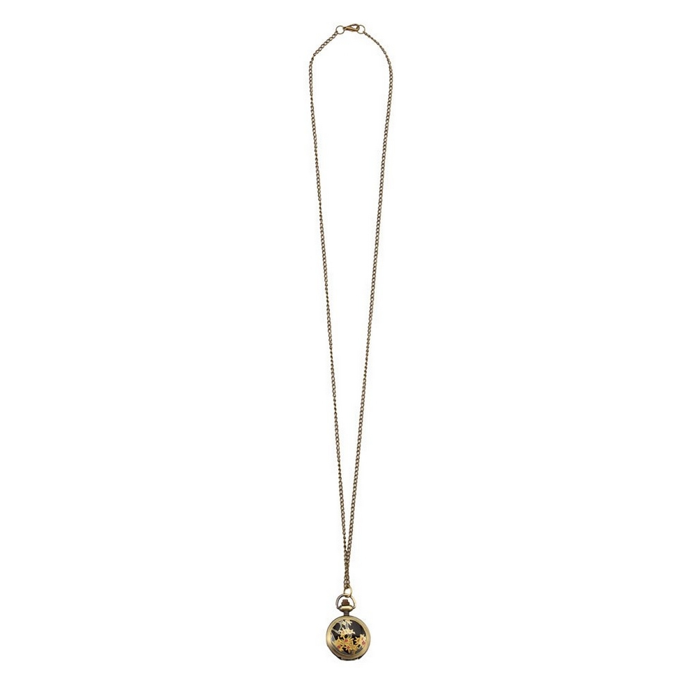 Necklace with a pendant glass flower clock with antique finish bronze & black