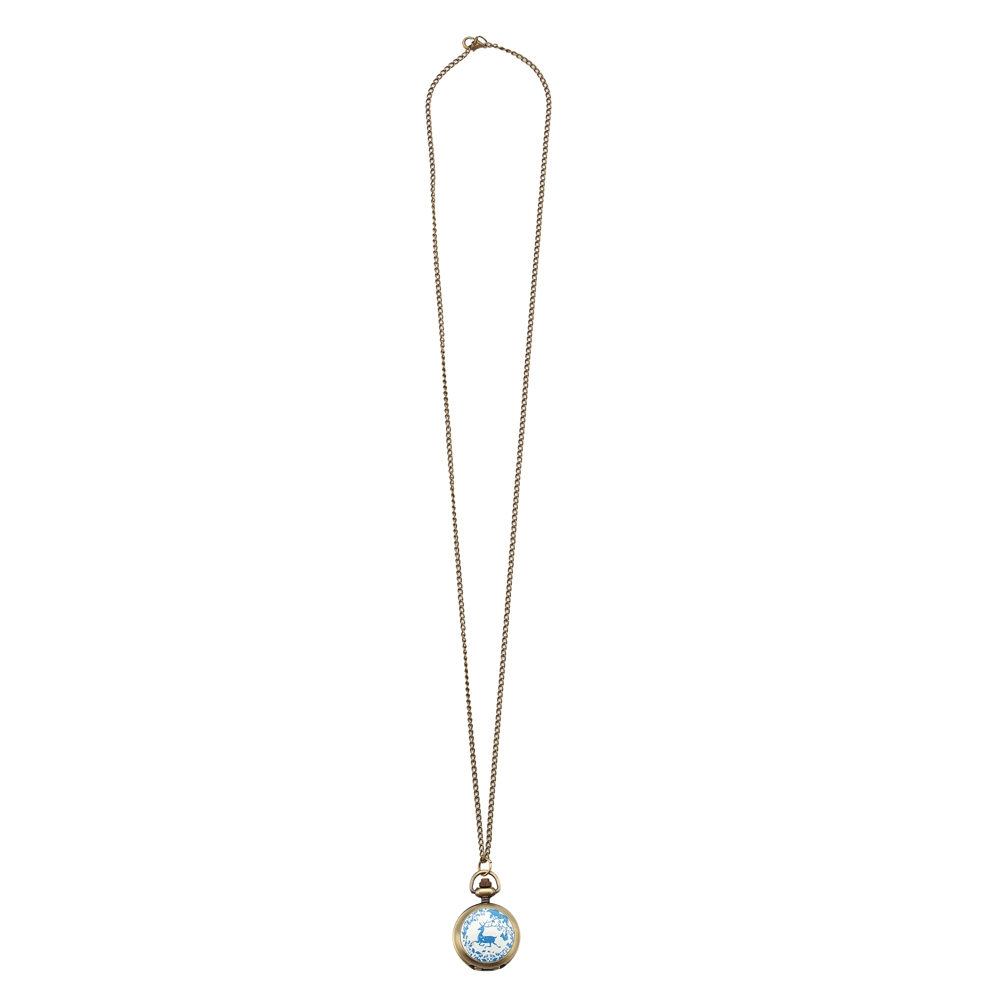 Necklace with a pendant glass stag clock with antique finish blue & bronze
