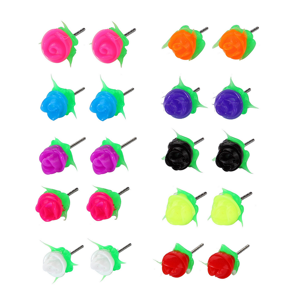Stud earring resin & 925 silver colourful rose assorted colours