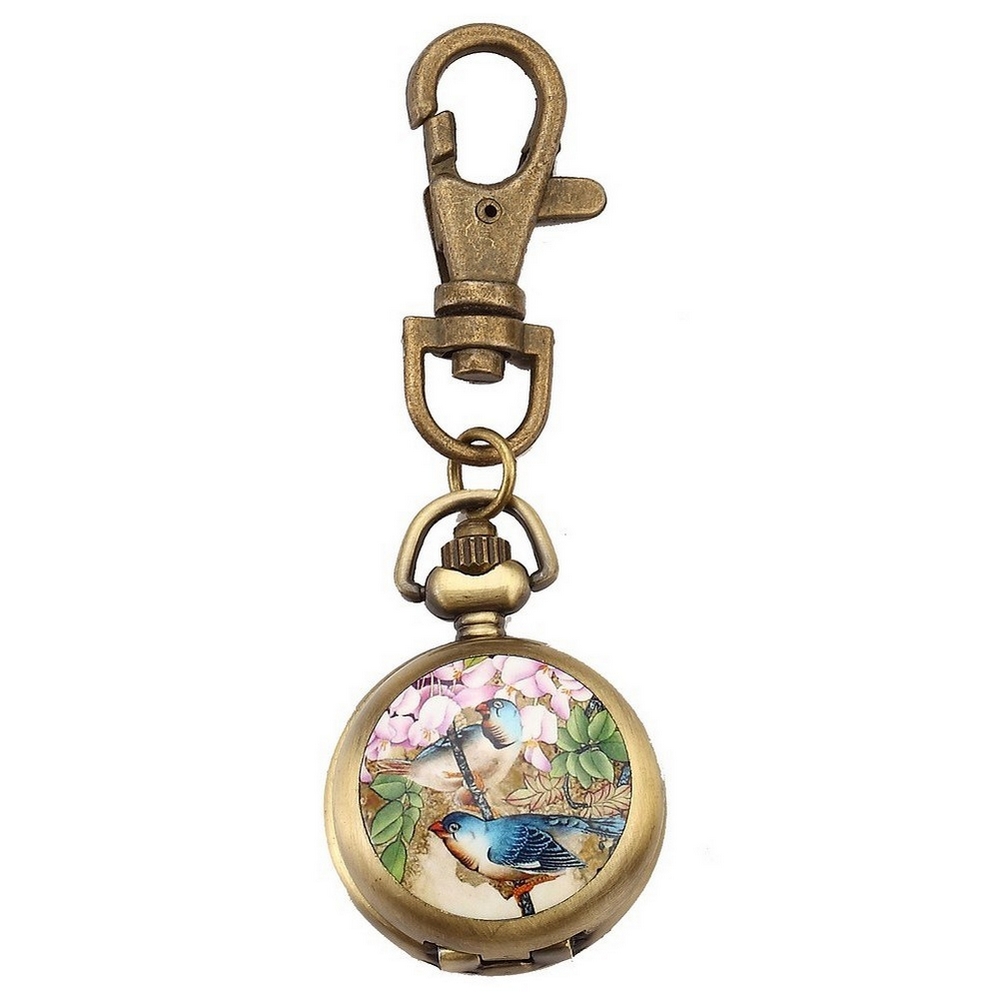 Keyring glass dome with cherry blossom clock brown