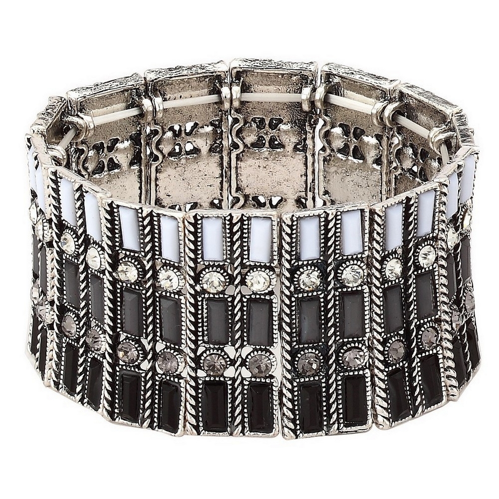 Bracelet crystal glass 3 row 35mm elasticated black & grey