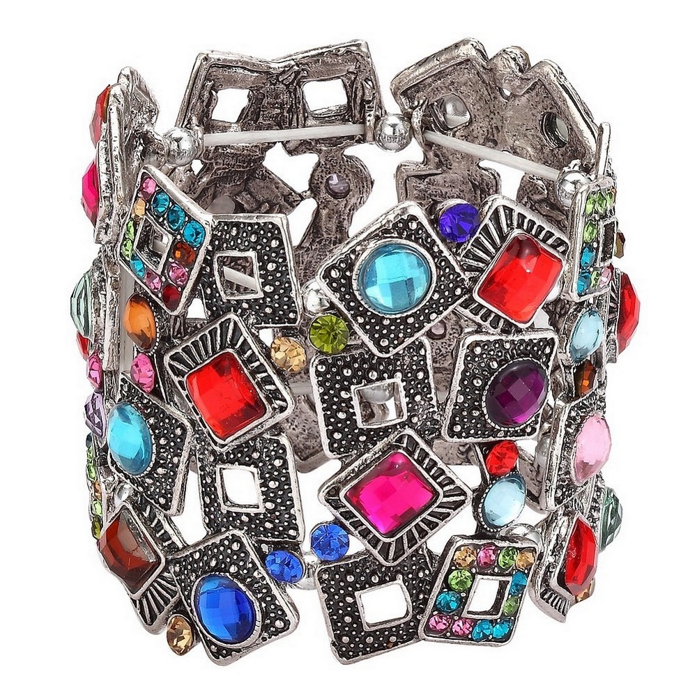 Bracelet crystal glass random square overlay in 55mm antique silver & multicoloured