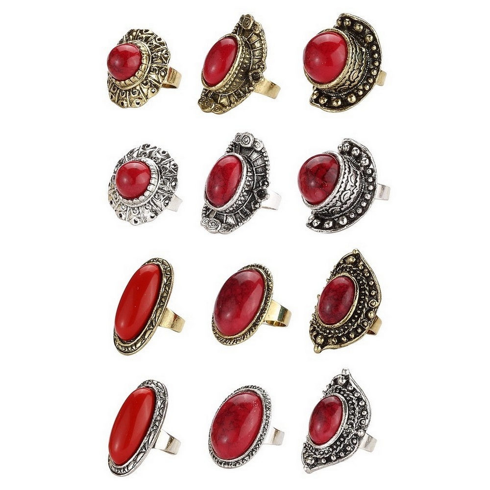 Ring resin faux jasper with antique plated shank silver gold & red