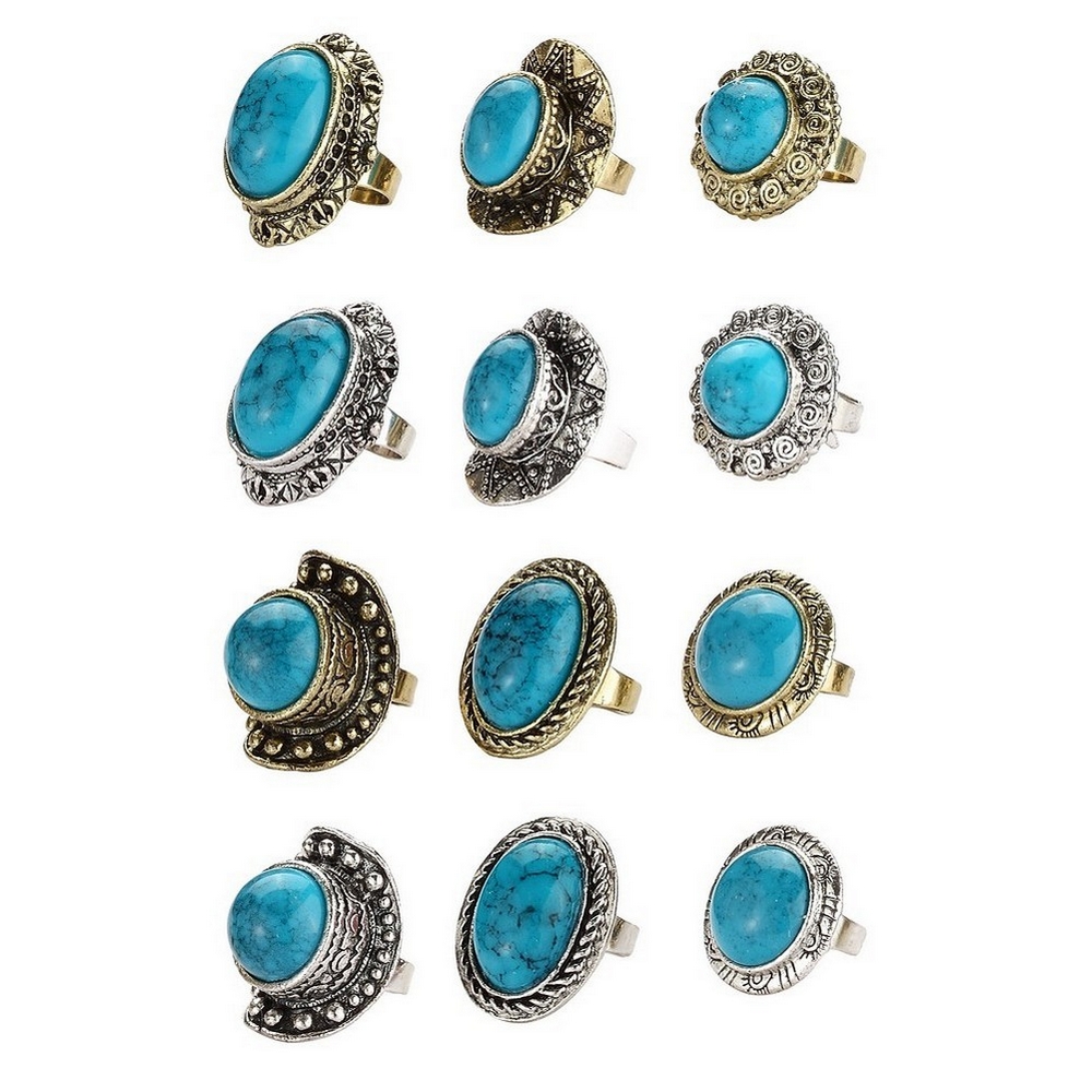 Ring faux stone with antique plated shank turquoise
