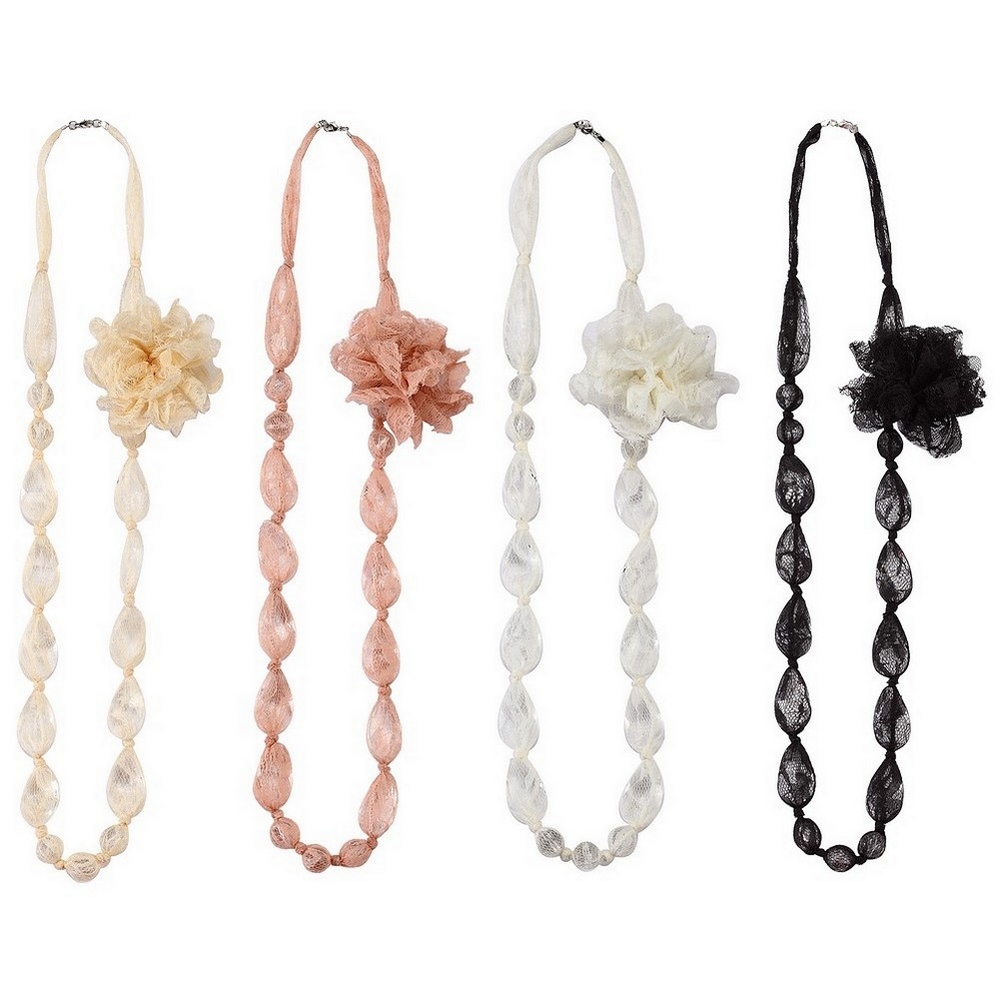 Bead string necklace acrylic & fabric covered beads with lace effect 90cm assorted colours