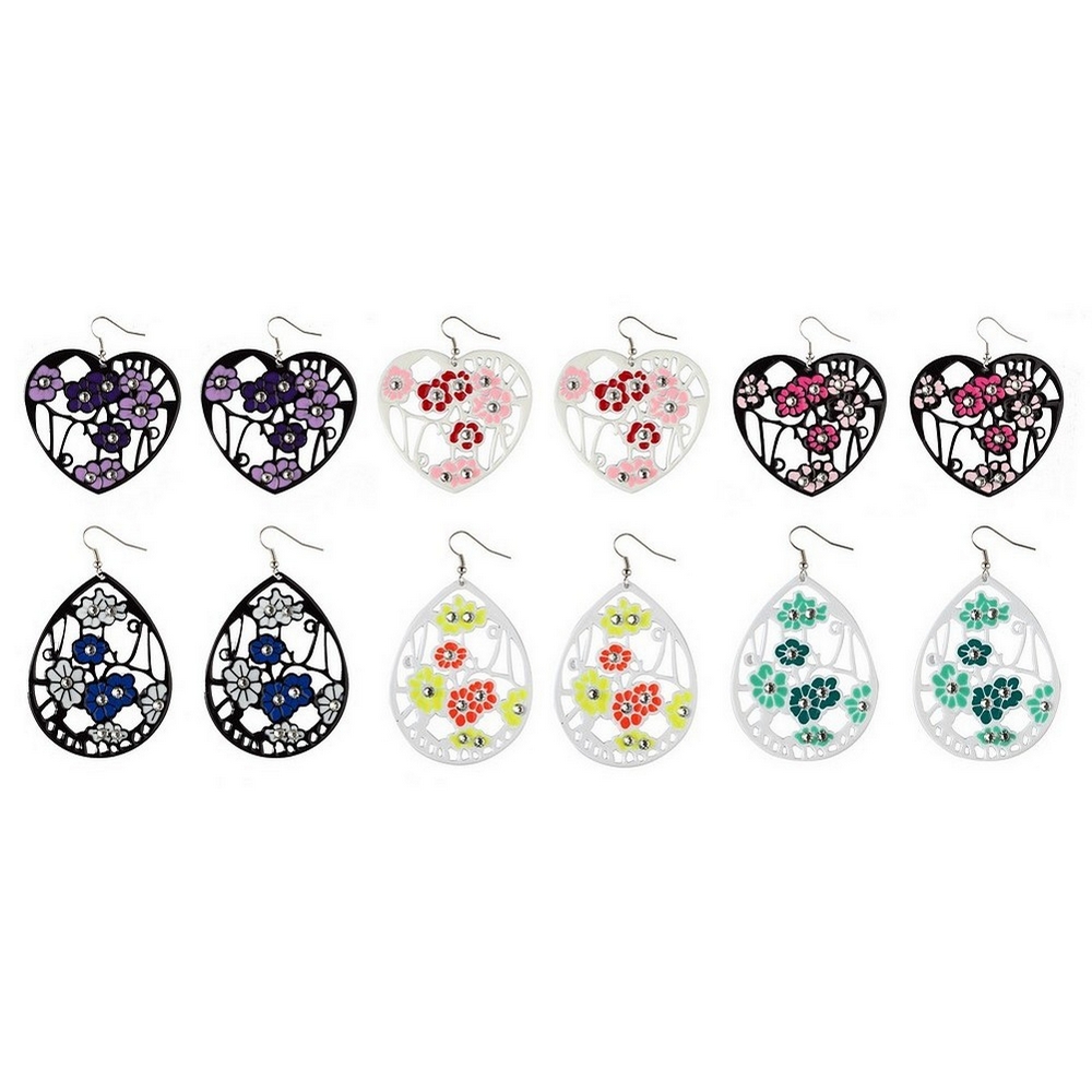 Drop earring crystal glass teardrops & hearts assorted colours
