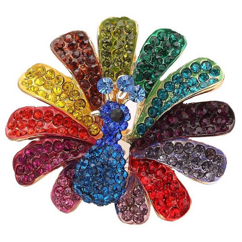 Ring crystal glass encrusted rainbow peacock multicoloured