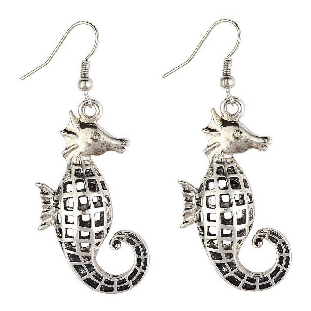 Drop earring hollow fretwork seahorse