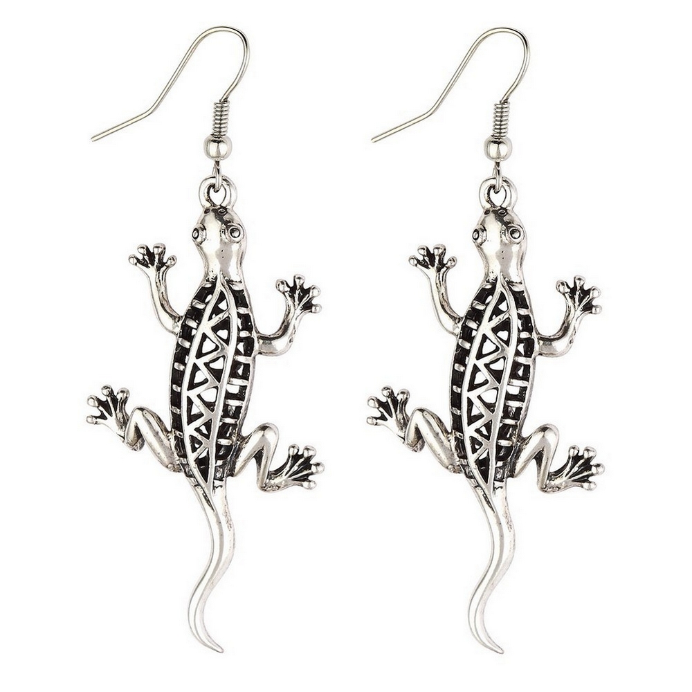 Drop earring hollow fretwork gecko