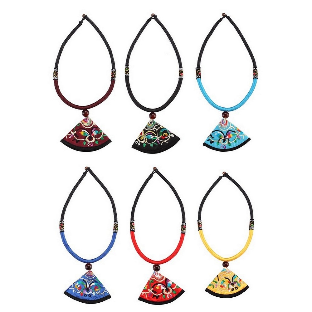 Necklace with a pendant cord & fabric embroidered quarter circle assorted colours