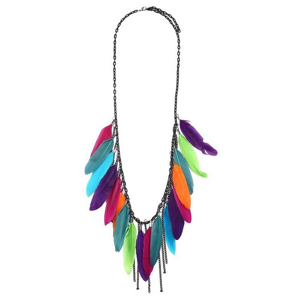 Chain necklace with feature feather multi-coloured edged chain multicoloured