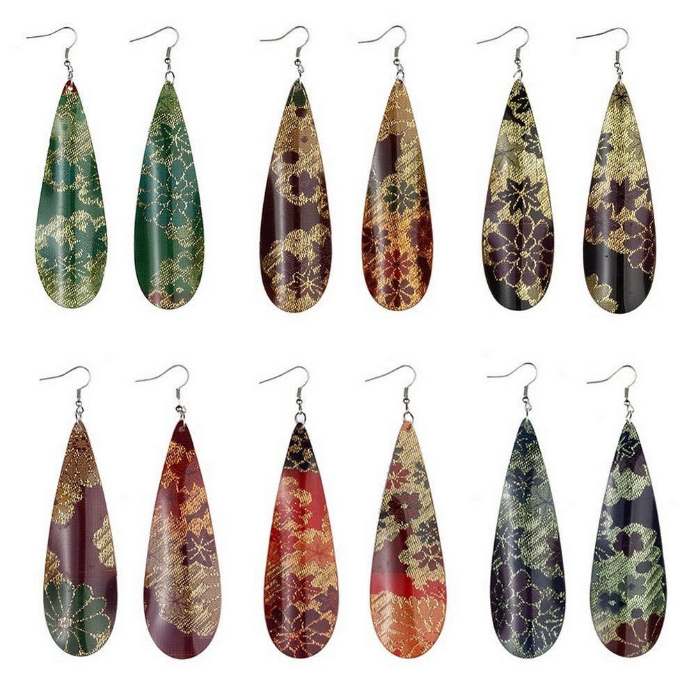 Drop earring acrylic floral print with metallic highlighting