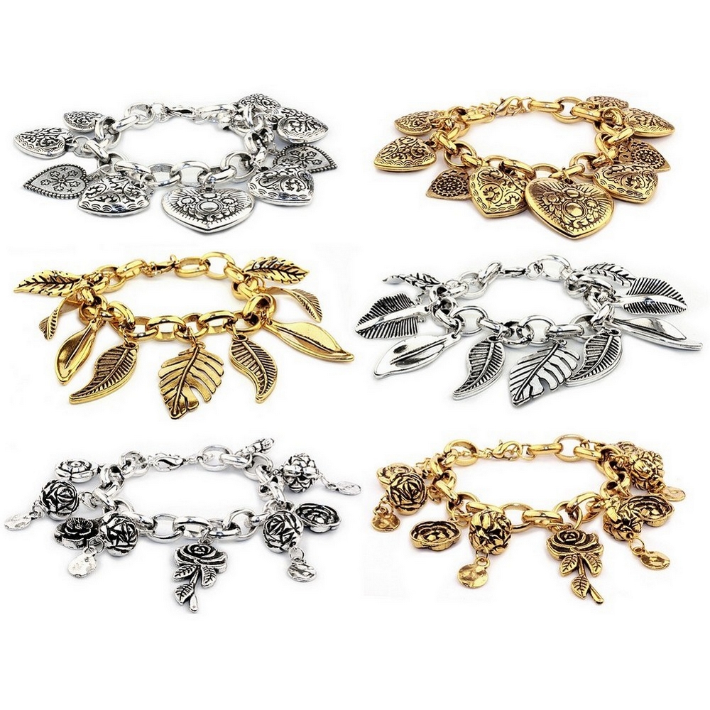 Bracelet leaf rose & heart charms silver & gold