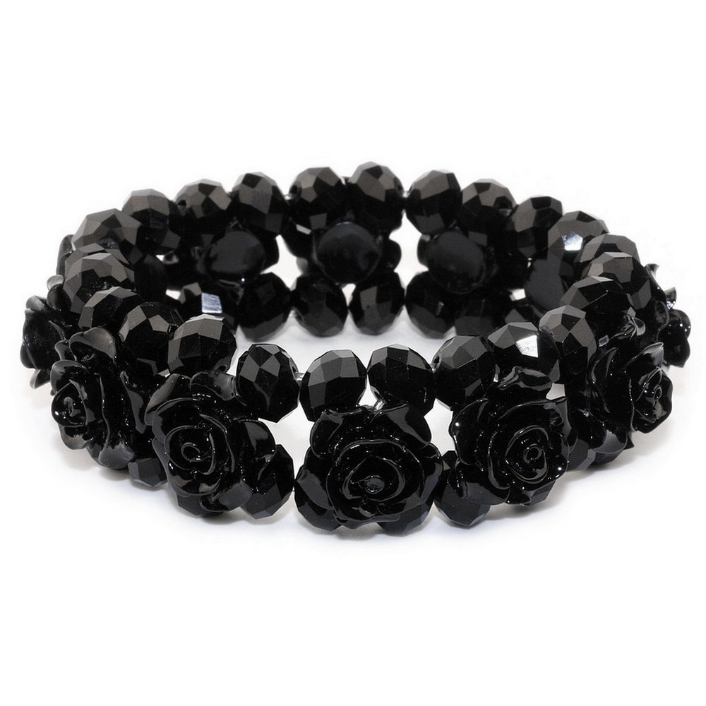 Bracelet crystal glass & stone band of roses in black