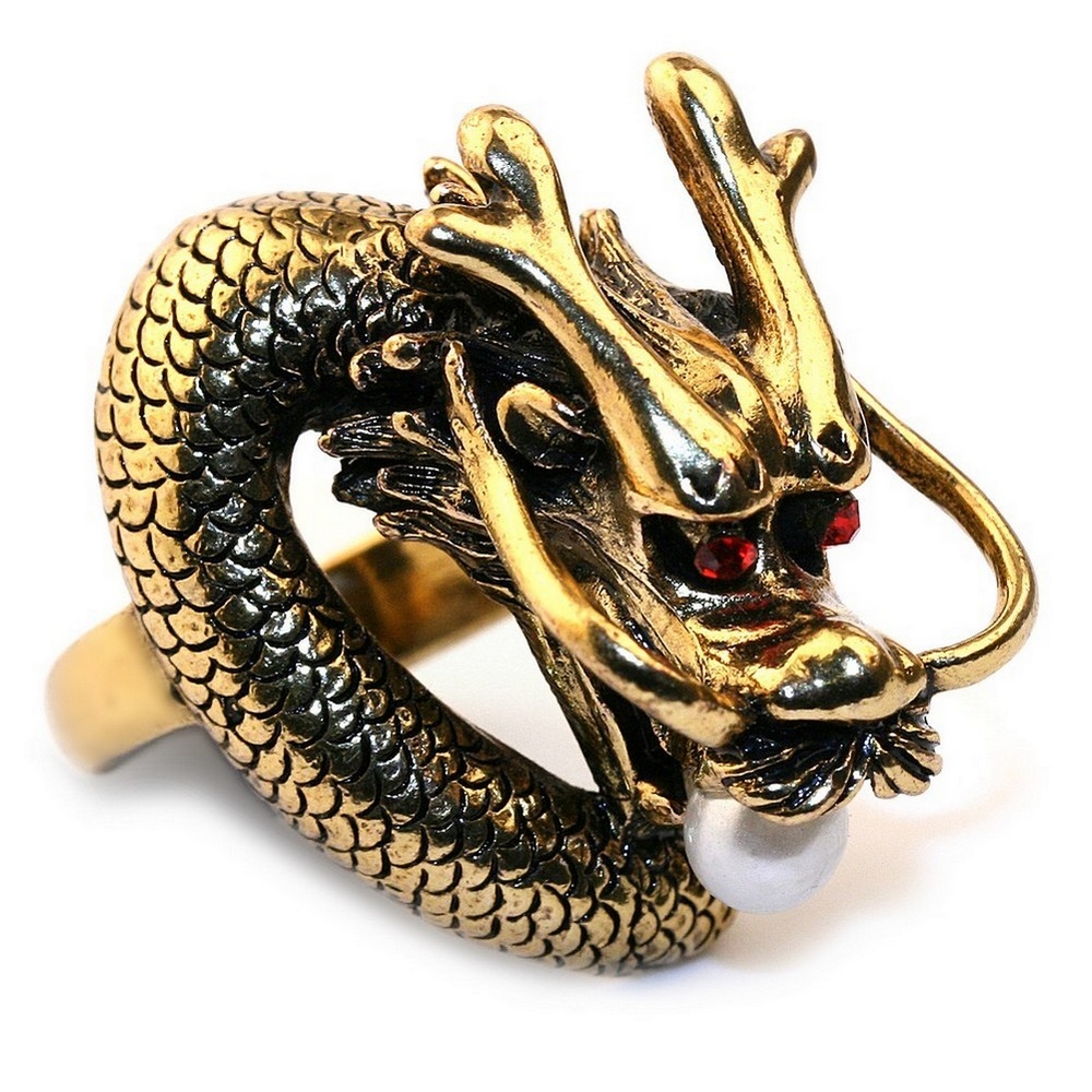 Ring dragon with glass pearl antique bronze & white