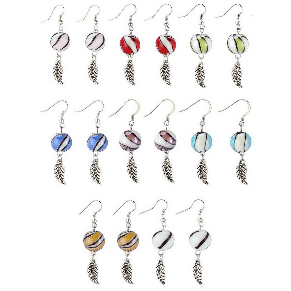 Drop earring glass marbled bead with charm