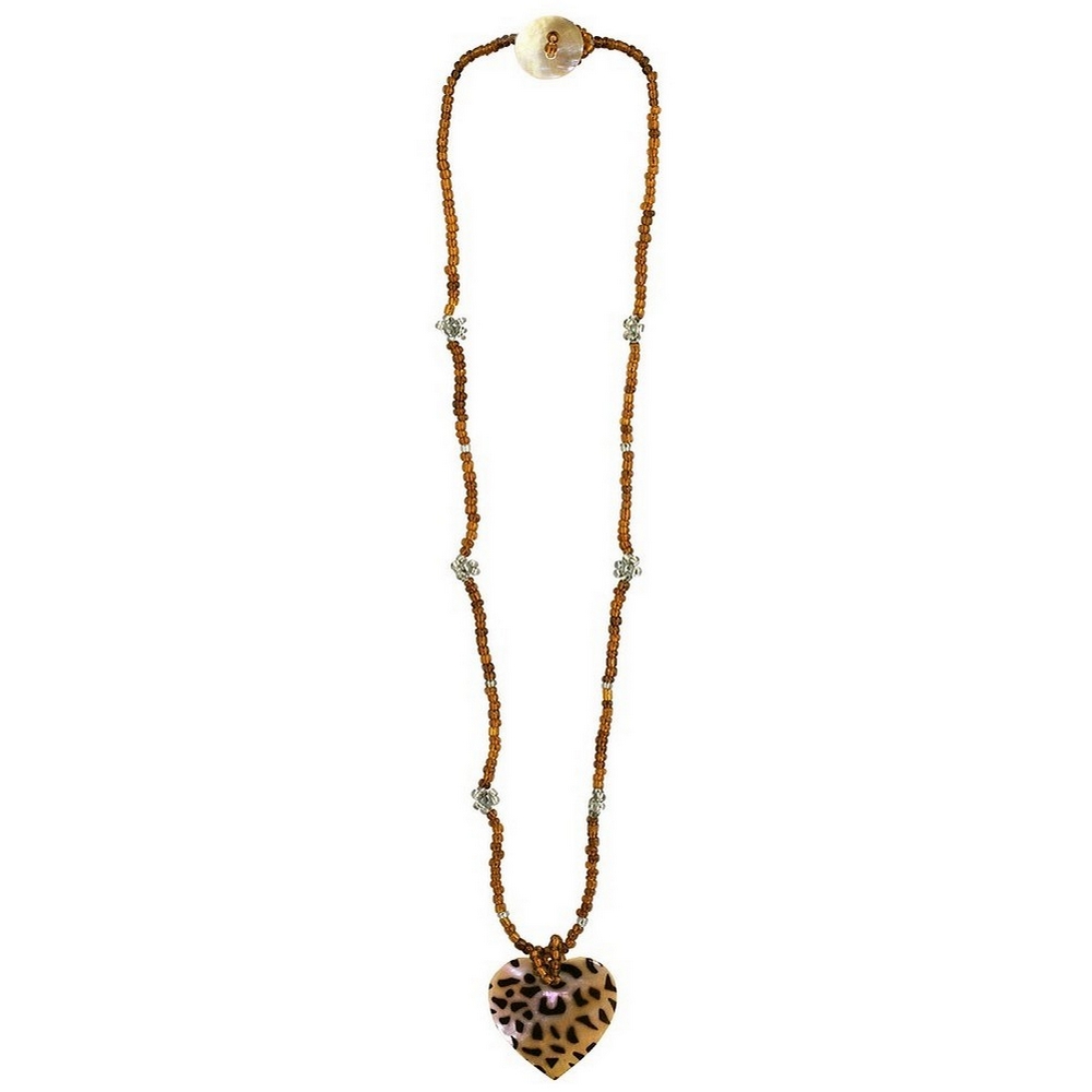 Necklace with a pendant wood & cord leopard print heart