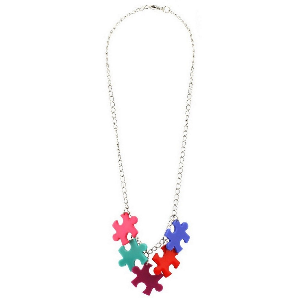 Chain necklace with feature acrylic 5 small pieces of   jigsaw multicoloured